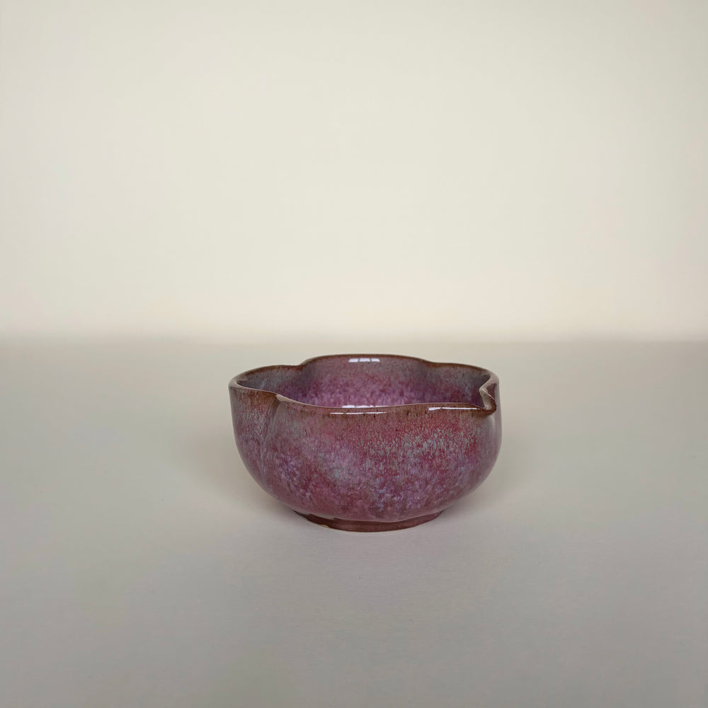 Pink with green accents ceramic matcha bowl with a spout on cream background. Pottery bowl  Handmade in Ireland. Wheel Thrown Pottery and Ceramic. 